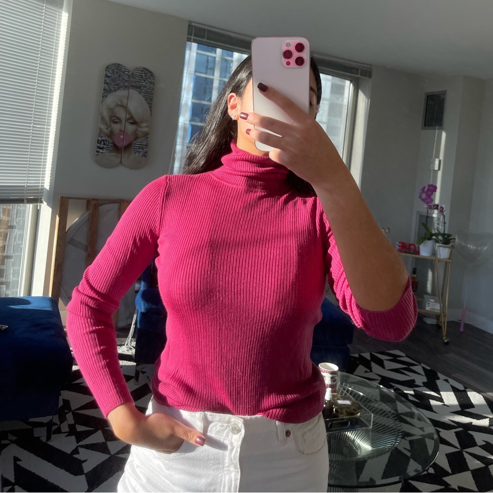 High neck burgundy top.